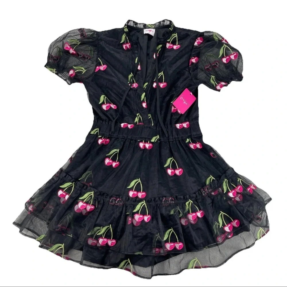 Buddy Love Sz Medium CLEMENTINE Elastic Waist Mini Dress Wild Cherries Black NWT - Picture 2 of 13